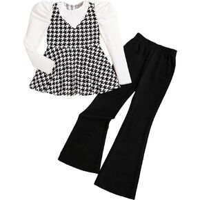 WDIRARA Girl's 2 Piece Outfit Houndstooth Puff Long Sleeve Ruffle Hem Knit Sweater and Flared Pants Set