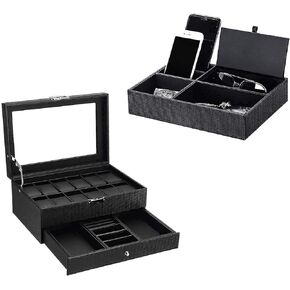 BEWISHOME 12-Slot Watch Box with Valet Drawer & Mens Valet Tray Dresser Organizer Nightstand Organizer Bundle, Carbon Fiber Leather, Black