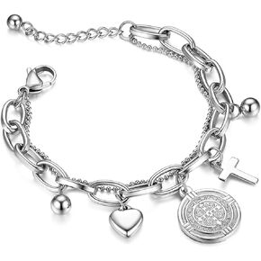 Saint Benedict Cross Bracelet for Women, Silver Stainless Steel Adjustable Layered Link Paperclip Bracelets Jewelry Gifts