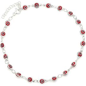 D Jewelry Red Guardian Eye Talisman Small Beads Anklet Bracelet on 925 Sterling Silver Adjustable 8.5" - 9.5"