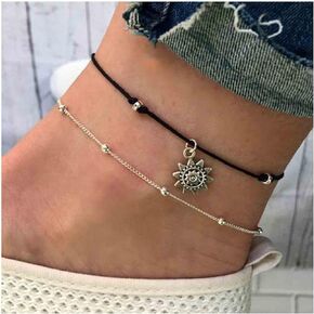 Boho Layered Sun Ankle Bracelet Silver Satellite Anklet Bracelet Retro Black Rope Anklet Chain Personlized Sunflower Foot Chain Jewelry for Women and Girls Gifts