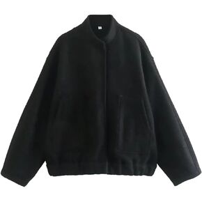 Kissonic Womens Wool Blend Jacket Oversized Bomber Jacket Casual Stand Collar Button Down Varsity Shacket Coat Outerwear