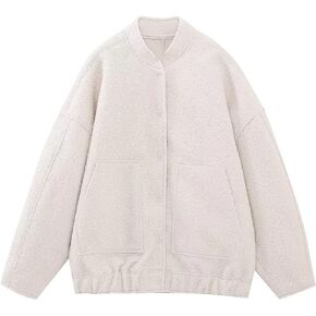 Lumister Women's Wool Blend Streetwear Bomber Jacket Button Closure Stand-Collar Shacket Oversized Varsity Jacket