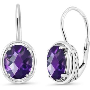 Gem Stone King 925 Sterling Silver Purple Amethyst Dangle Earrings For Women (3.00 Cttw, Gemstone Birthstone, Oval Checkerboard 9X7MM)