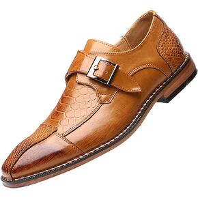 Crocodile Embossed Pointed Toe Dress Oxfords Shoes for Men with Monk Strap, Vintage Casual Slip-on Hand Stitched Stacked Heel Wide Derby Shoe for Office Work Business Fashion