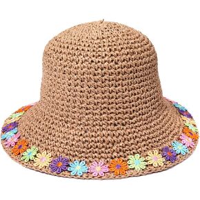 vokone Sun Hat Womens Embroidered Flower Trim Straw Bucket Sun Hat Packable Floppy Summer Beach Hat Travel Accessories