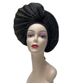 Already Made Nigerian ASO Oke Auto Gele with Stones Women Turban Hat Head Wrap African Headties Fashion Headbands for Party (Black)