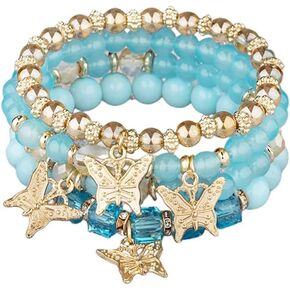 Bohemian Crystal Beaded Butterfly Pendant Bracelets Set Gold Beaded Stackable Stretch Bracelet Handmade Multilayer Colorful Charm Jewelry