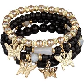 Bohemian Crystal Beaded Butterfly Pendant Bracelets Set Gold Beaded Stackable Stretch Bracelet Handmade Multilayer Colorful Charm Jewelry