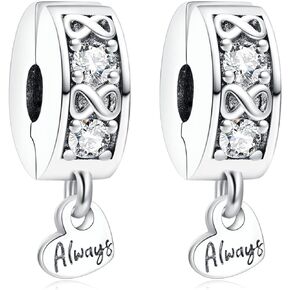 2Pcs Clip Charms for Bracelets 925 Sterling Silver with Cubic Zirconia Shell Pink Pavé Family Always Stopper Birthday Christmas Jewelry Gifts for Women