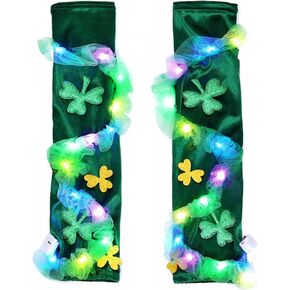 St.Patrick's Day Gloves Light up Green Sparkly Feather Fingerless Glove LED Long Clover Gloves for Women and Girls