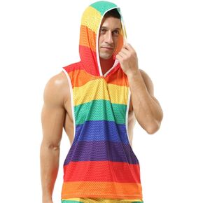 Akkad Kuti Rainbow Tank Top for Men Sexy Mesh Sleeveless Hoodies Pride Outfits Workout Tops Y-Back Muscle Shirts