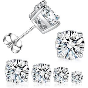 MDFUN 4 Pairs 925 Sterling Silver Round Stud Earring Set, 18K White/Yellow Gold Plated Round Cut Clear Cubic Zirconia Hypoallergenic Earrings MultiPack for Women Men