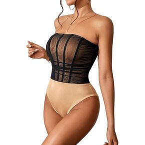 Floerns Women's Strapless Contrast Mesh Bandeau Tube Top Bodysuit Leotard