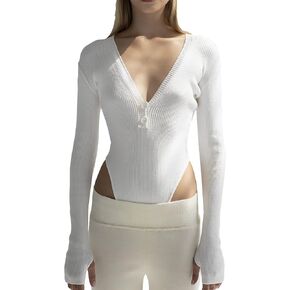 بدلة نسائية بأكمام طويلة ورقبة على شكل حرف V وتصميم خيط بدلة ضيقة قابلة للتمدد ومتينة in Kuwait