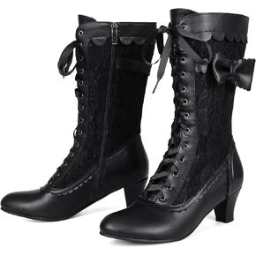 Wavyvigs Women Vintage Victorian Boots Lace Mid Calf Granny Boots Zipper Costume Renaissance Shoes Mid Heel Wedding Dress Boots