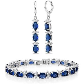 Gem Stone King 7 Inch Blue and White CZ Tennis Bracelet Set With Matching 2 Inch Oval Dangle Earrings For Women