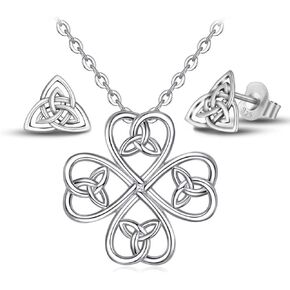INFUSEU Sterling Silver Irish Celtic Trinity Knot Jewelry Set for Women, Stud Earrings & Pendant Necklace with 18" Chain