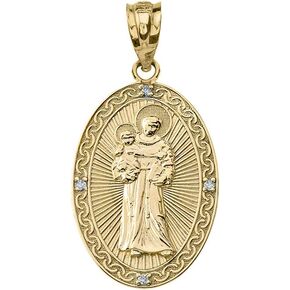 Solid 10k Yellow Gold Oval St. Anthony of Padua Medal Pendant with Diamond (1.20")