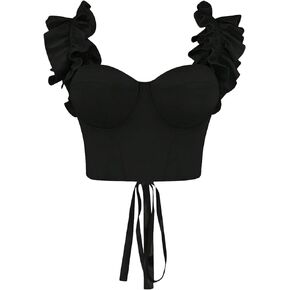 Women's Plus Size Solid Wide Strap Ruffle Trim Lace Up Crop Cami Top Casual Sleeveless Slim Fit Bustier Tank Top
