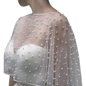 kaixinbukaixin Wedding Accessories Bolero Bridal Cloak Pearls Wedding Cape Short Front Long Back Women Wrap Cape Evening Wrap Shawl,White