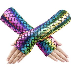 Shiny Mermaid Scale Gloves Fish Scale Arm Sleeves Rave Party Gloves Hologram Fingerless Gloves Halloween Cosplay Costume Accessories Purple