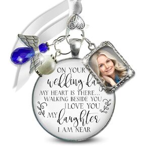 Bouquet Photo Charm Wedding Memory Something Blue Angel - I Know You'd Be Here If Heaven Honor Love One, Silver Finish Handmade Bridal Jewelry White Glass Pendant 2 Frames Gift Message & Box for Bride