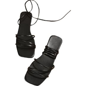 GORGLITTER Lace Up Strappy Flat Sandals Ankle Wrap Open Toe Leather Slide Shoes