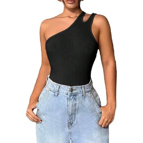 OYOANGLE Women's Rib Knit Sleeveless Asymmetrical Neck Cut Out Tummy Control Bodysuit Shirt Tops
