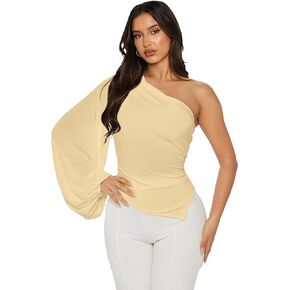 Ekaliy Women's One Shoulder Ruched Bodycon Blouse Puff Long Sleeve Sexy Cocktail Party Shirts Tops