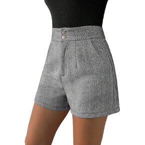WDIRARA Women's Herringbone Print High Waisted Straight Leg Button Shorts with Pockets