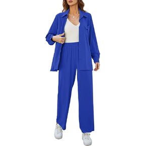 طقم نسائي كاجوال من MISSKY مكون من قطعتين وأكمام طويلة وأزرار سفلية وبنطلون واسع الساق in Kuwait