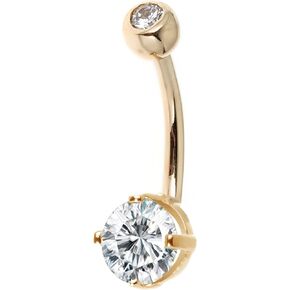 Ritastephens 14k Solid Gold Belly Button Top Bottom Cubic Zirconia Navel Barbell Ring