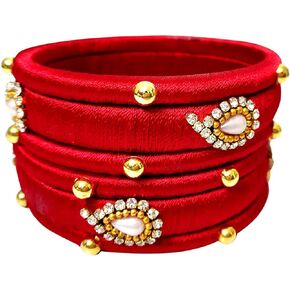 GOELX Silk Thread Red Designer Bangles with Gold Bead. Pack of 6 Bangles