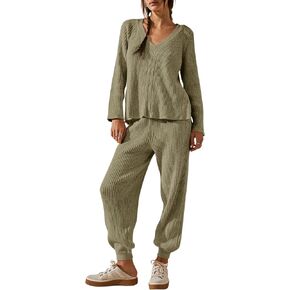 Tankaneo Womens Knit Sets Oversized V Neck Sweaters and Wide Leg Pants Fall Loungewear Trendy 2 Piece Outfits