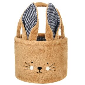 Easter Basket Plush Easter Bunny Tote Bags Cute Rabbit Design Personalized Easter Bucket for Kids Carrying Gift and Eggs (Plush-Pink)