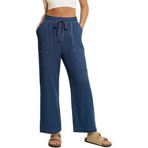 Simplee Women Wide Leg Palazzo Pants High Waisted Boho Casual Drawstring Linen Pants Trousers with Pockets