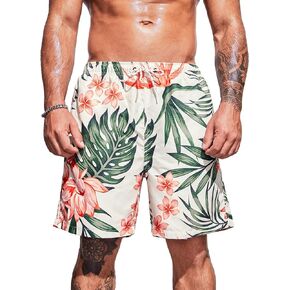 BEAUDRM Men's Plus Size Tropical Print Elastic High Waist Casual Boho Shorts Drawstring Waist Swim Trunks