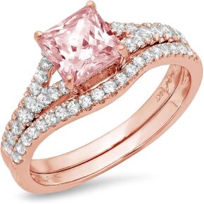 Clara Pucci 2.11 ct Princess Cut Solitaire Genuine Pink Simulated Diamond Designer Engagement Bridal Curved Ring Band Set 18K Rose Gold