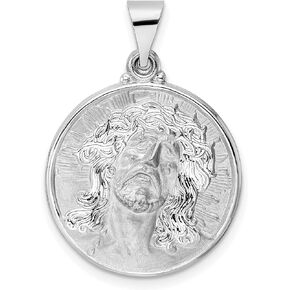 14k White Gold Polished and Satin Hollow Jesus Face Disc Pendant 24 mm x 20 mm
