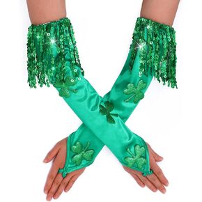 St. Patrick's Day Gloves Green Tassel Sequin Gloves Long Fingerless Gloves Sparkly Costumes Gloves for Women and Girls