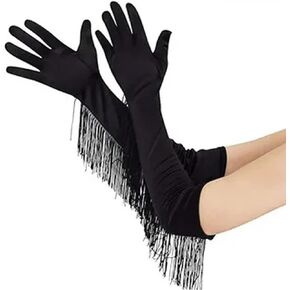 Black Opera Gloves Long Satin Gloves 1920s Fringe Gloves Black Elbow Length Gloves Vintage Long Opera Pageant Gloves Opera Party Flapper Gloves Elbow Gloves for Costume Party Halloween Wedding