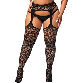 جوارب Ella Lust النسائية المصنوعة من حجر الراين على شكل شبكة صيد السمك - جوارب طويلة لامعة سوداء مثيرة من الدانتيل وفخذ عالي، جوارب طويلة للهالوين in Kuwait
