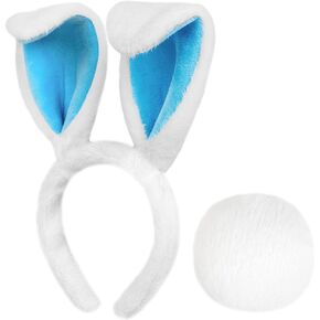 Easter Bunny Ears Headband and Tail Set, White Plush Easter Bunny Costume Accessories for Adults and Kids, Easter Rabbit Ears Headband Bunny Cosplay Dress up Party Supplies