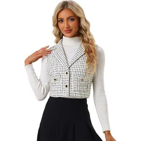 Allegra K Women's Plaid Vest Notched Lapel Vintage Sleeveless Tweed Crop Jacket