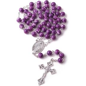 Luomu 8 مللي متر خرز زجاجي بنمط جميل مطبوع سلسلة كاثوليكية عقد خرز مع ميدالية مريم العذراء المعجزة والصليب in Kuwait