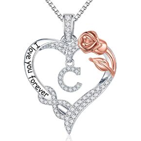 IEFRICH Rose Flower Heart Necklaces for Women Girls - S925 Sterling Silver Initial Necklace Infinity Heart Necklaces for Women Girls Anniversary Birthday Gifts for Women Teen Girls I Love You Forever