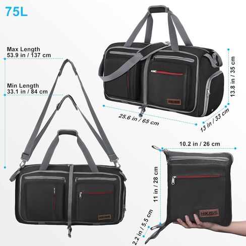 Travel Duffel Bag, 75L Foldable Duffle Bag with Shoes Compartment Packable Weekender Bag for Men Women Water-proof & Tear Resistant HIKISS-Black in Kuwait