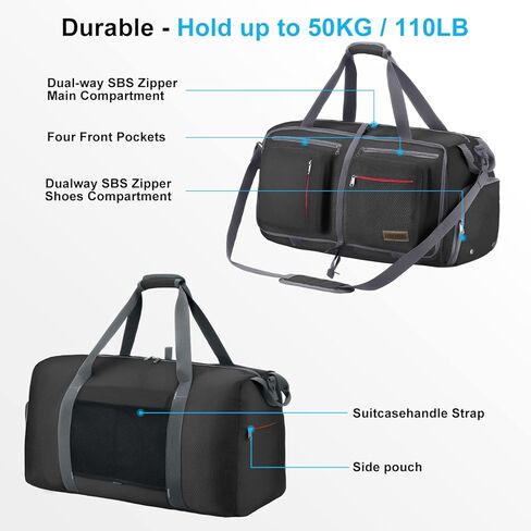 Travel Duffel Bag, 75L Foldable Duffle Bag with Shoes Compartment Packable Weekender Bag for Men Women Water-proof & Tear Resistant HIKISS-Black in Kuwait