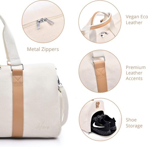 Weekender Bag for Women Travel - Cute Canvas Duffle Bag, White Carry On Small Overnight Shoe Compartment Bag in Saudi Arabia